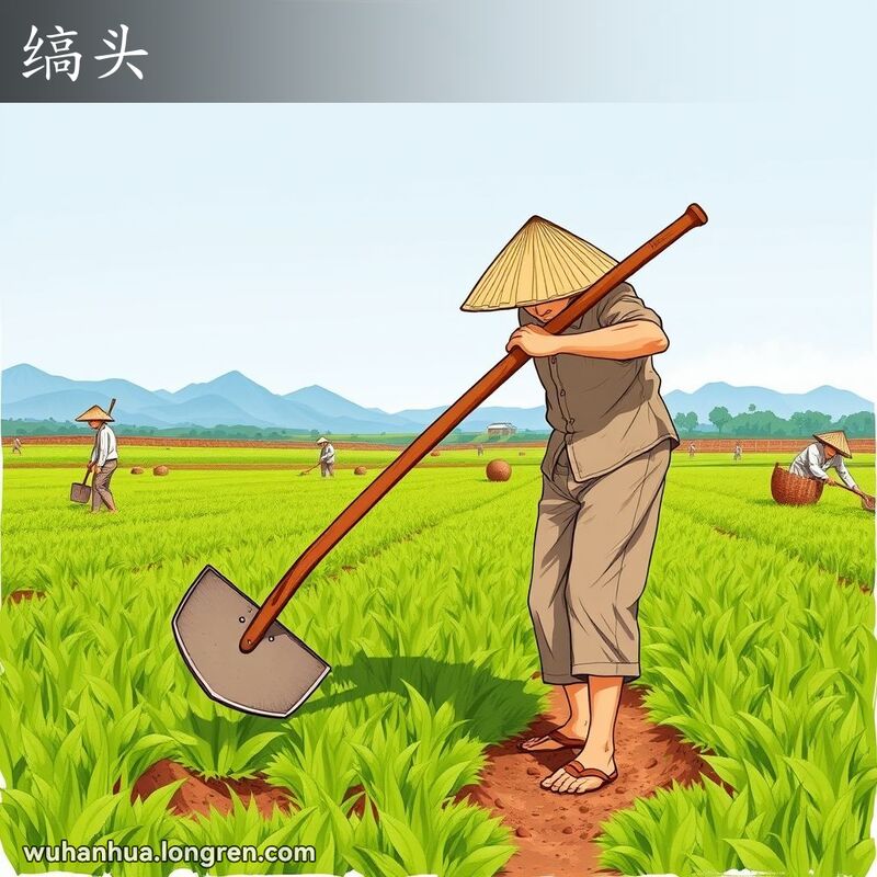 一位武汉农民在田间使用“缟头”刨土，背景是绿色田野和蓝天。