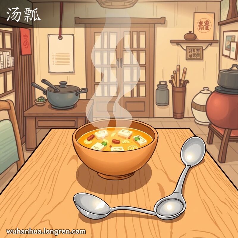 一个温馨的武汉厨房，桌上有一碗热汤和一个汤勺，背景有传统中式厨房元素。