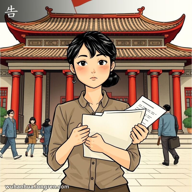 一位女性站在传统中式法院前，手持文件，神情坚定，背景有人们走过，法院忙碌。