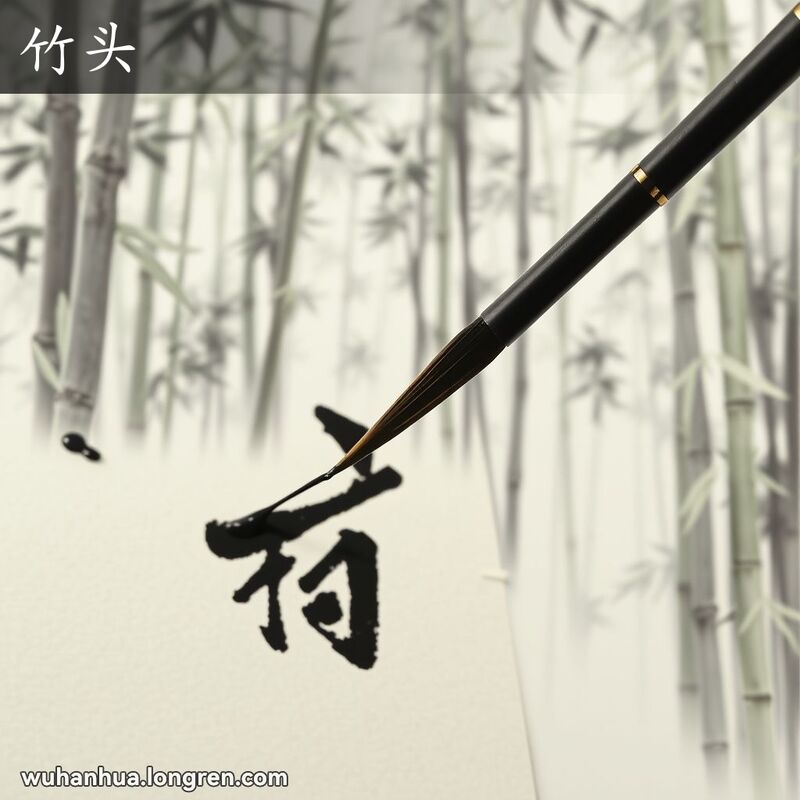 一支毛笔正在宣纸上书写带有竹字头的汉字，背景是竹林