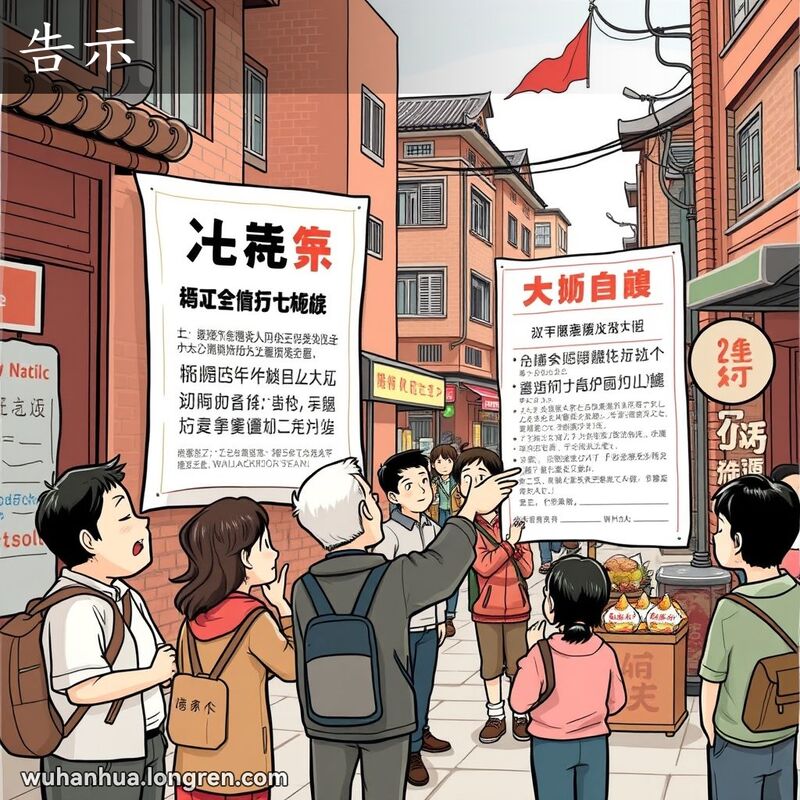 一条武汉老街，公告板上贴着重要公告，居民们围在公告板前讨论