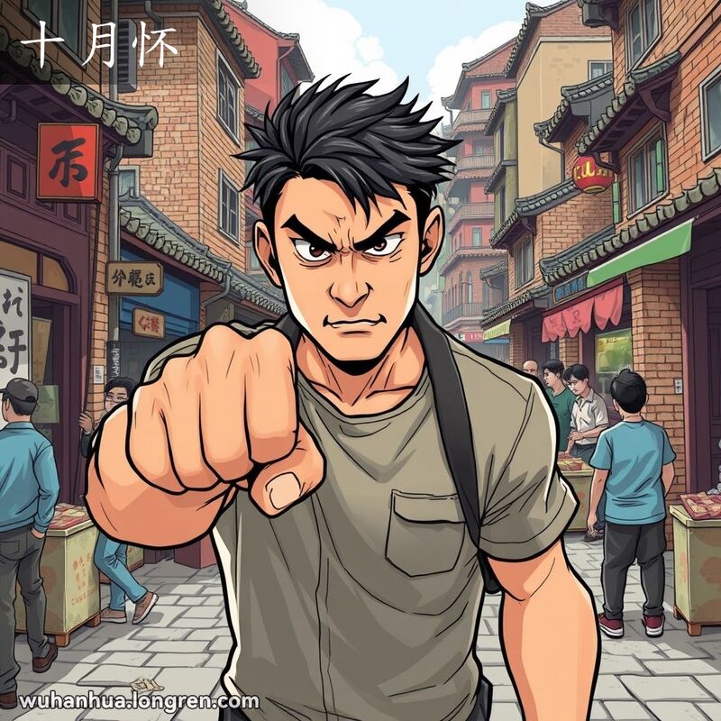 一位武汉男子在街头准备用拳头打人，背景是繁忙的武汉老街景
