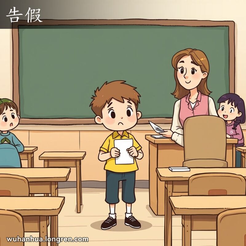 一位学生在教室里向老师请假，背景有其他同学在座位上观望