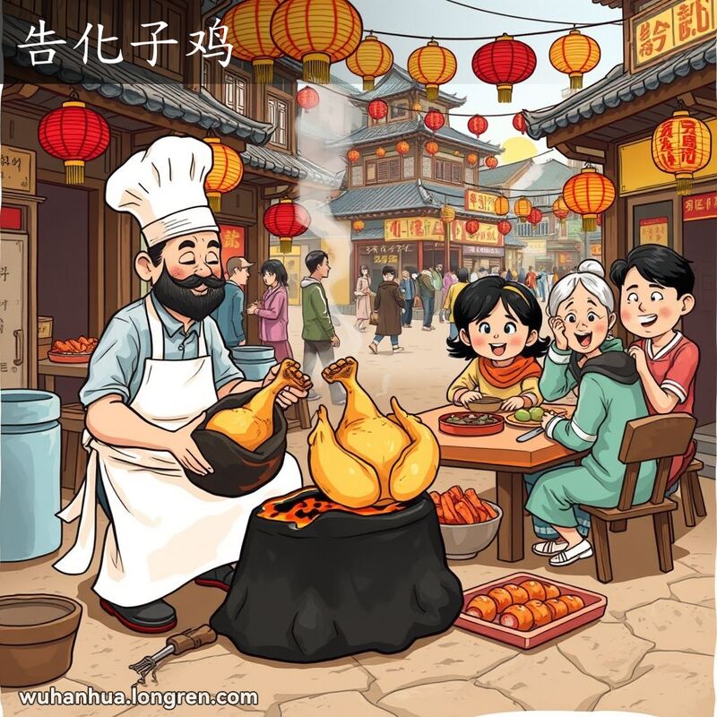 武汉街市上，厨师用黑泥裹住整只鸡放入火堆烧熟，一家人围坐享用告化子鸡。
