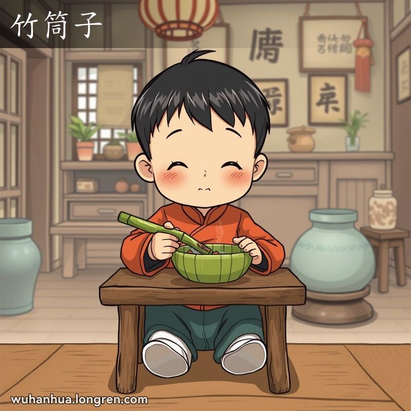 一个旧时武汉的孩子坐在小木桌前，手持竹筒子作为吃饭的碗，背景是古色古香的武汉老屋