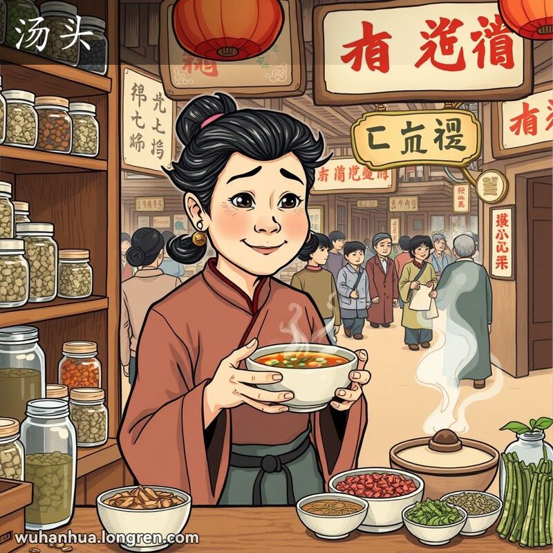 一位中年妇女在中药店柜台后手持中药汤，背景是武汉老街景