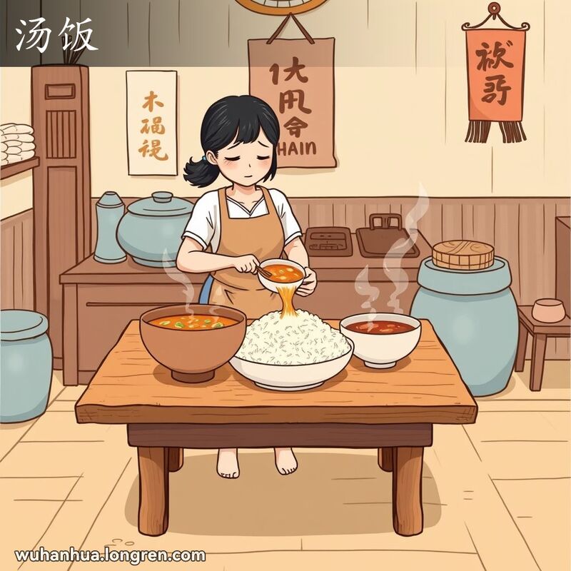 一位妇女在厨房中将汤倒入米饭，制作汤饭，背景是温馨的家庭厨房。