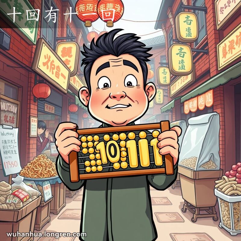 一位武汉男子手持算盘，算盘上显示10和11，脸上露出惊讶表情，背景是热闹的武汉市场
