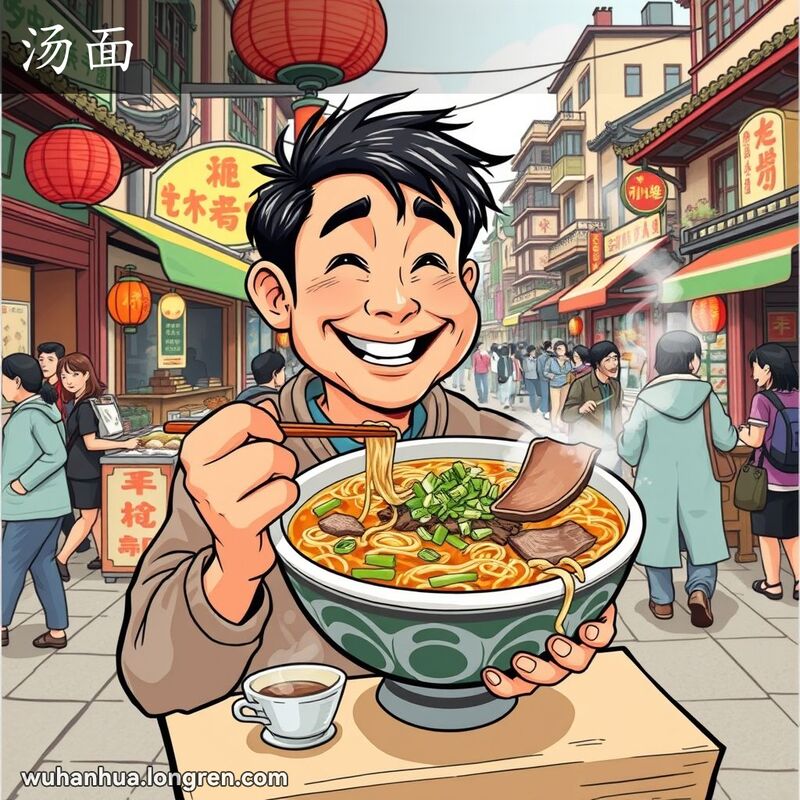 一位武汉市民在街边小摊前享用汤面，背景是繁忙的武汉老街景