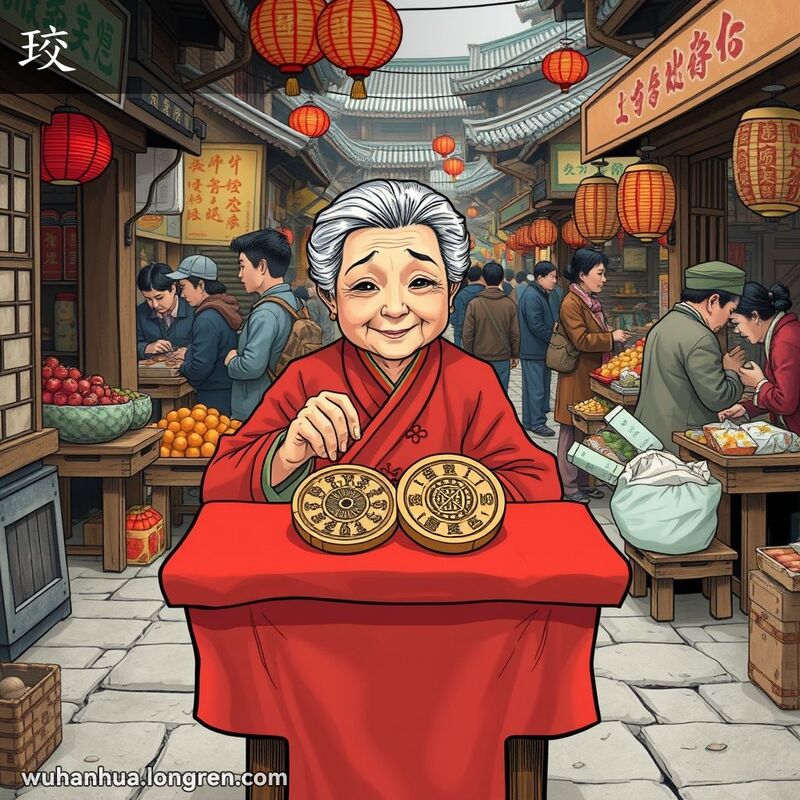 一位老妇人在武汉街市摊位前，手持木制占卜工具，背景是忙碌的市场和摊贩。