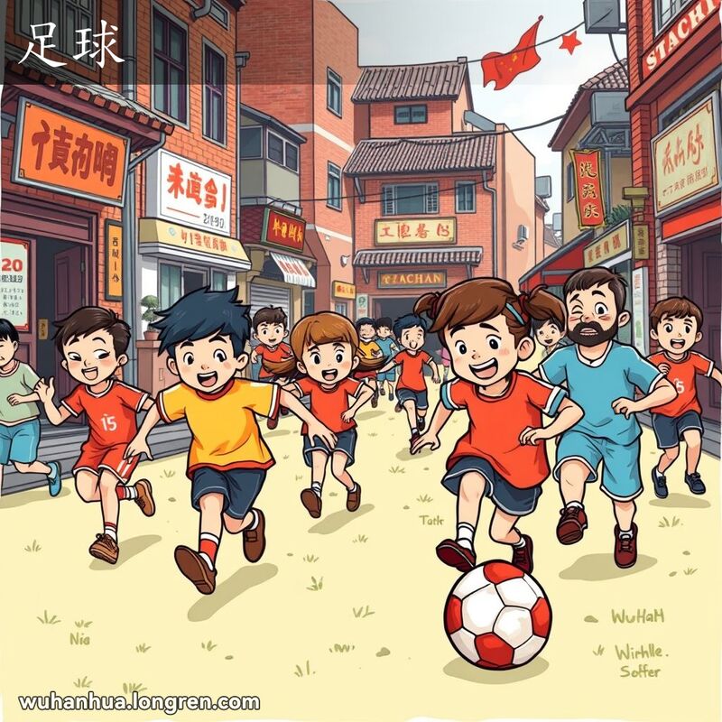 一群孩子在武汉老街上踢足球，足球用牛皮和橡胶制成，比篮球小