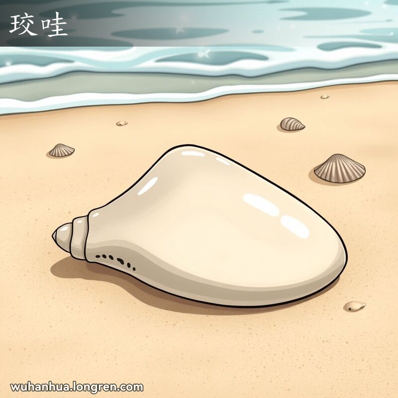 一个略呈三角形、表面灰白色有光泽的文蛤贝壳躺在沙滩上，背景是宁静的海滩环境。