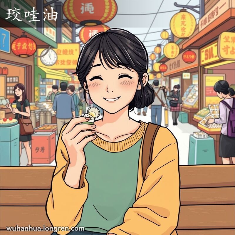 一位武汉女子在市场长椅上用文蛤壳容器涂抹润唇膏，背景是热闹的市场