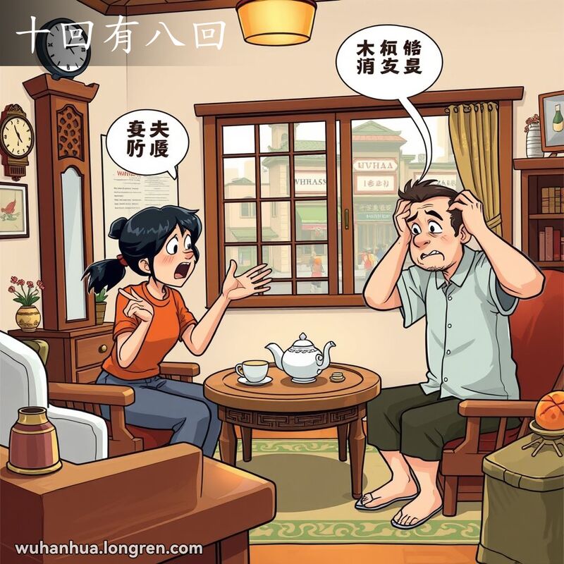 两人在武汉家庭客厅中争吵，一人显得非常沮丧，背景有挂钟和茶具