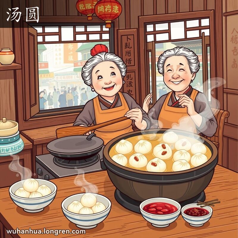 一位武汉奶奶在厨房里煮汤圆，锅里漂浮着糯米汤圆，桌上摆放着碗和筷子，背景是武汉街道