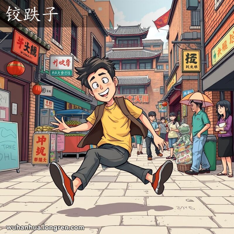 一位年轻人在武汉街头被绊倒，手臂乱挥，背景是老街景