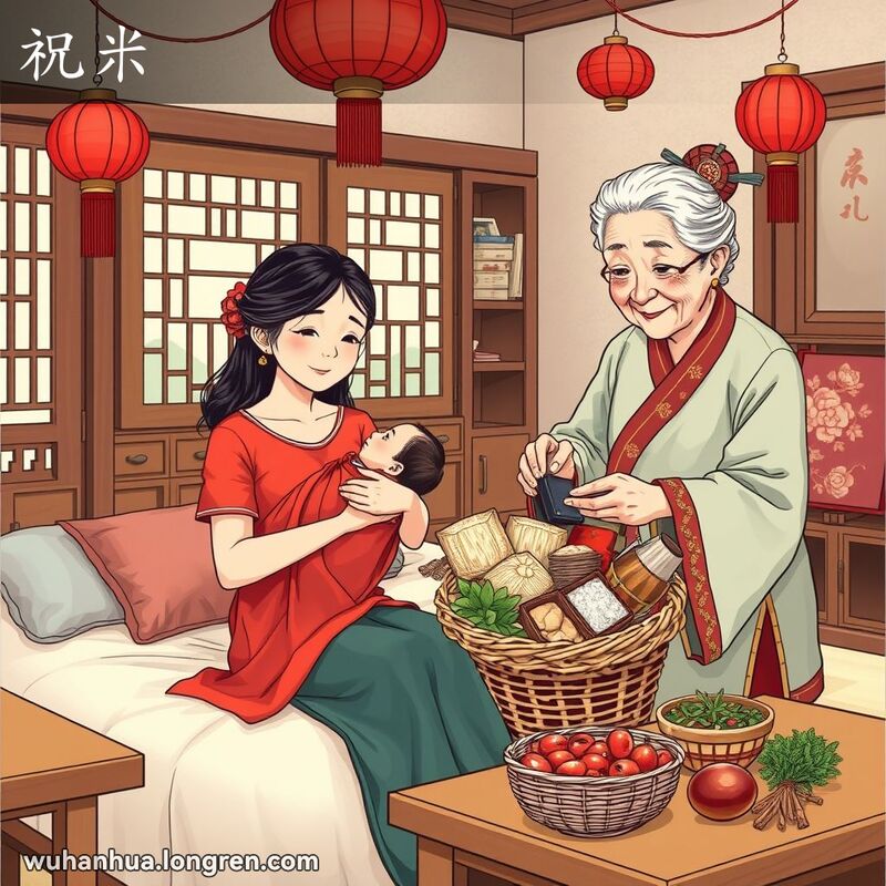 一位年轻女子坐在床上抱着新生婴儿，旁边的年长妇女正将装有红蛋、糯米和草药的篮子放在床头柜上，背景是传统武汉家庭场景