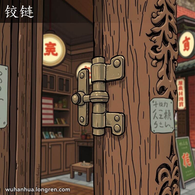 一扇传统武汉风格的木门，门微微敞开，焦点是门的铰链，背景是武汉老街景象