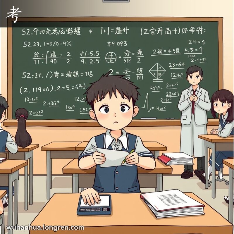 一个学生在教室里参加考试，背景有黑板和其他学生，老师在前面监考