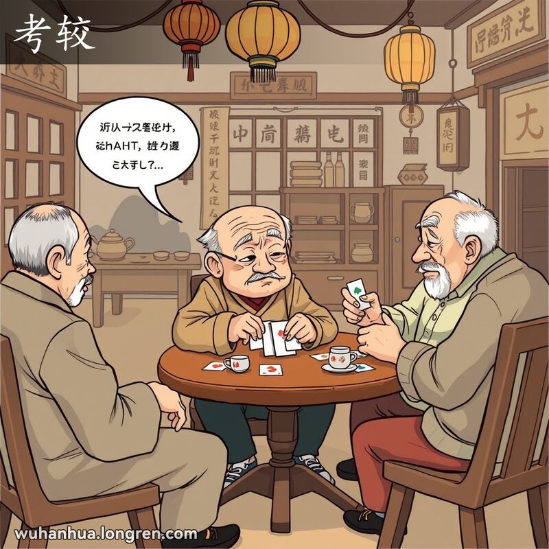 一群武汉老人在茶馆打牌，其中一位老人露出“考较”的表情，背景是传统茶馆景象