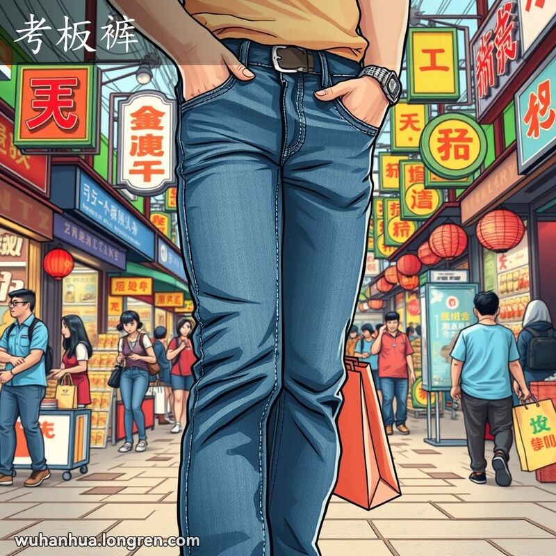一位年轻男子穿着牛仔裤站在武汉街头市场中，背景是热闹的街头摊位和行人