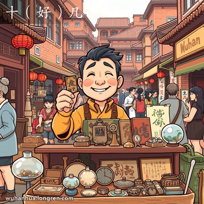 武汉市场的摊主在数古董，数量略多于十个，背景是繁忙的市场