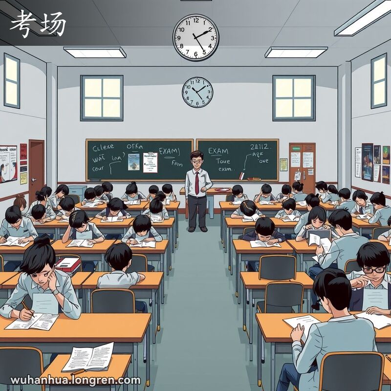 一个宽敞明亮的考场，学生们坐在课桌前，专注地答题，老师站在前面监考，墙上挂着激励海报和大钟