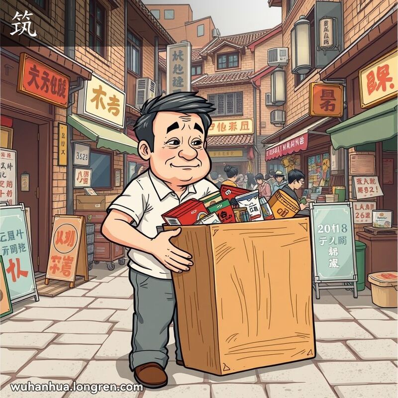 一位中年男子在武汉街头试图将物品塞进满满的木箱，背景是武汉老街景