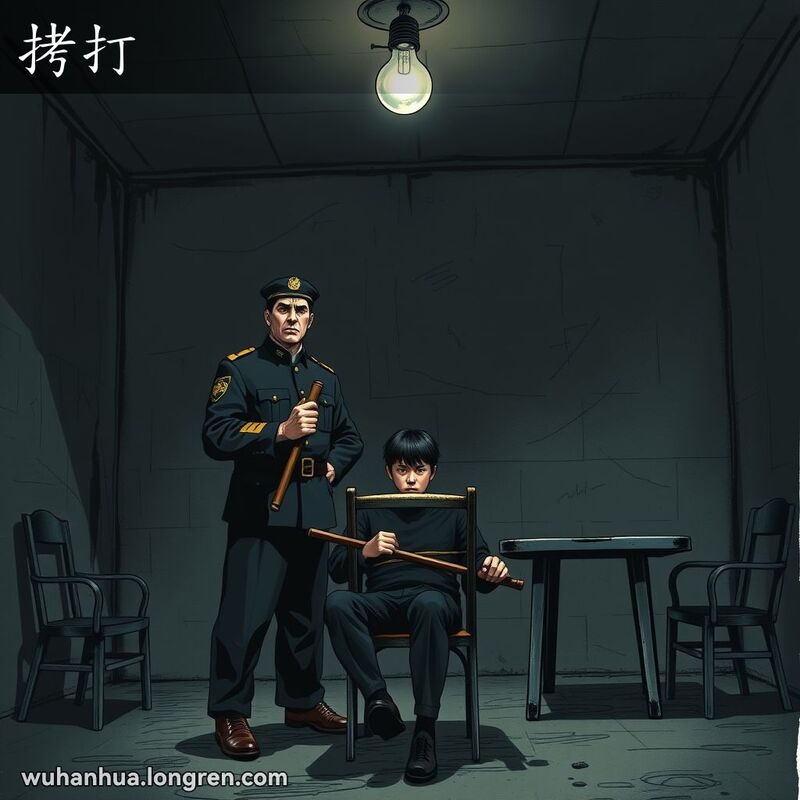 一名警官在昏暗的审讯室内准备用木棍拷打被绑在椅子上的嫌疑人，画面紧张而不祥。