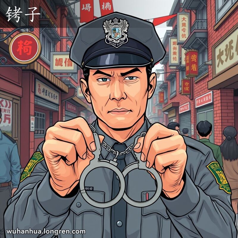 一位警察在武汉街头手持金属手铐，表情严肃，背景是繁忙的武汉老街景
