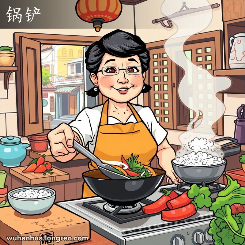 一位中年妇女在厨房中用锅铲翻炒蔬菜，背景是传统武汉家庭厨房景象。