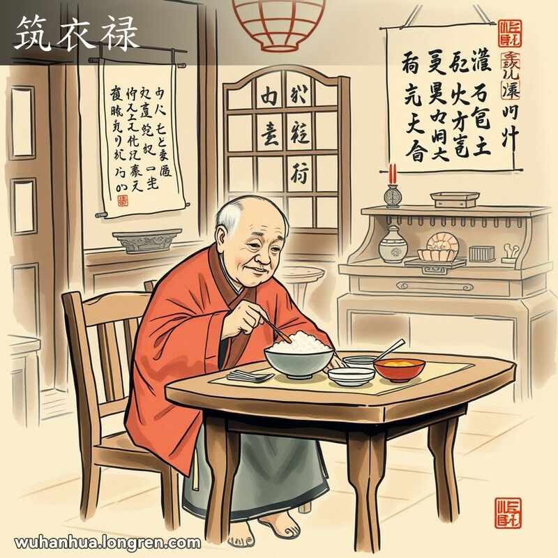 一位穿着传统服装的武汉老人坐在温馨的老式家中的餐桌旁，安详地进食，背景是传统中式装饰。