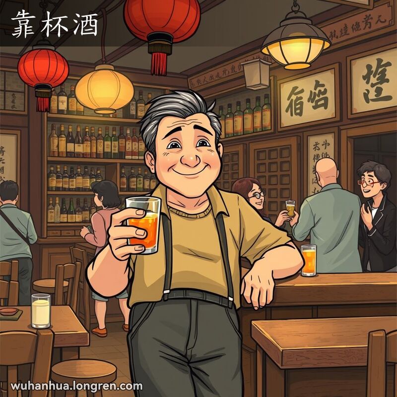 一位中年男子在武汉小酒馆里靠着柜台喝酒，背景是温馨的酒馆场景