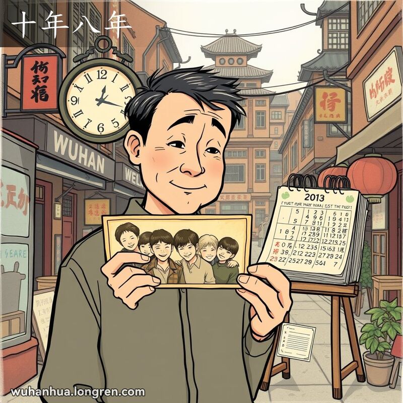 一位中年男子在武汉老街上手持旧照片，神情感伤，背景有老钟表和翻动的日历，象征时间流逝