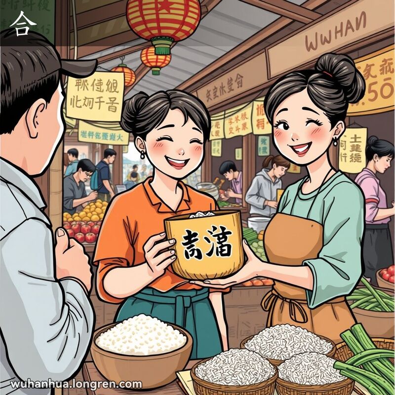 武汉市场中，女摊主用量杯量米，顾客满意地观看，背景有其他摊位和本地产品。