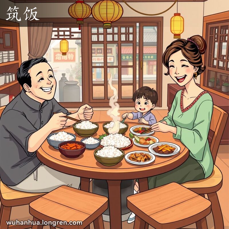 一家三口围坐在圆形木桌旁，享受热气腾腾的家庭晚餐，背景是传统中式家居和武汉街景。