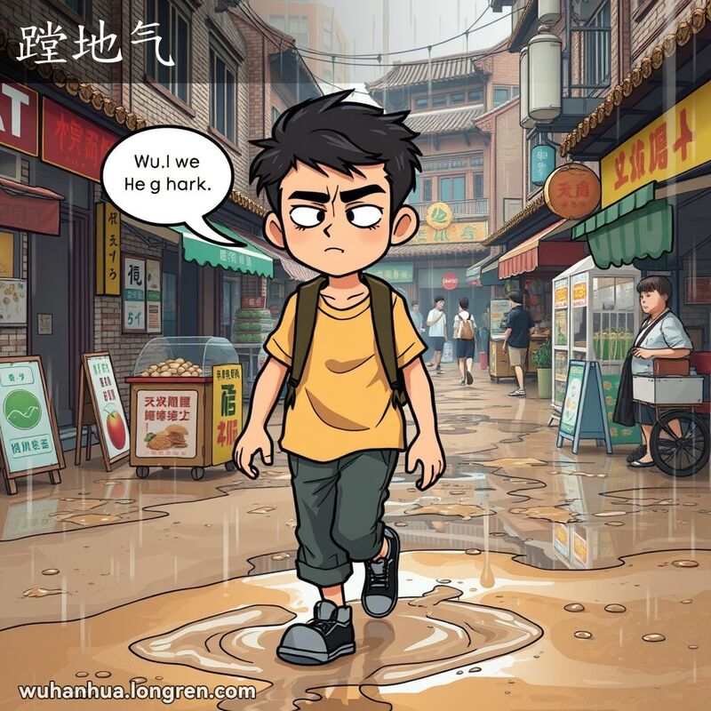 一位年轻人在武汉街头市场中行走，地面湿漉漉的，空气潮湿，他小心翼翼地踩过水坑，脸上带着些许不耐烦和无奈的表情，背景是繁忙的武汉老街景。