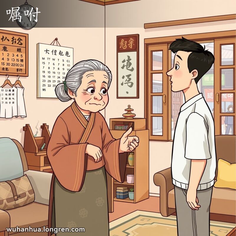 一位武汉老妇人在客厅里对年轻人嘱咐，背景有挂历、香案和武汉街景
