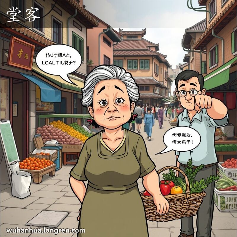 一位中年妇女在武汉市场前，手持蔬菜篮，表情不悦，背后男子指着她，神情轻蔑，背景是热闹的市场。
