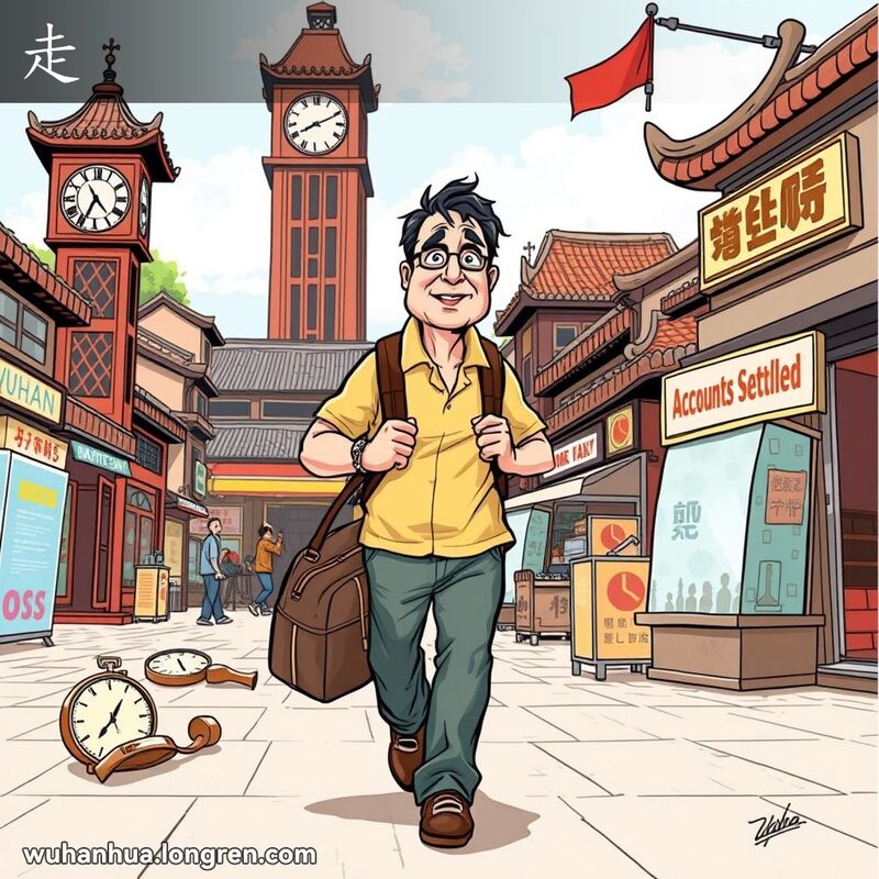 一个中年男子在武汉街道上手提旅行包快步走着，背景有钟楼、坏表、棋盘和小店，表现“走”的多重含义。