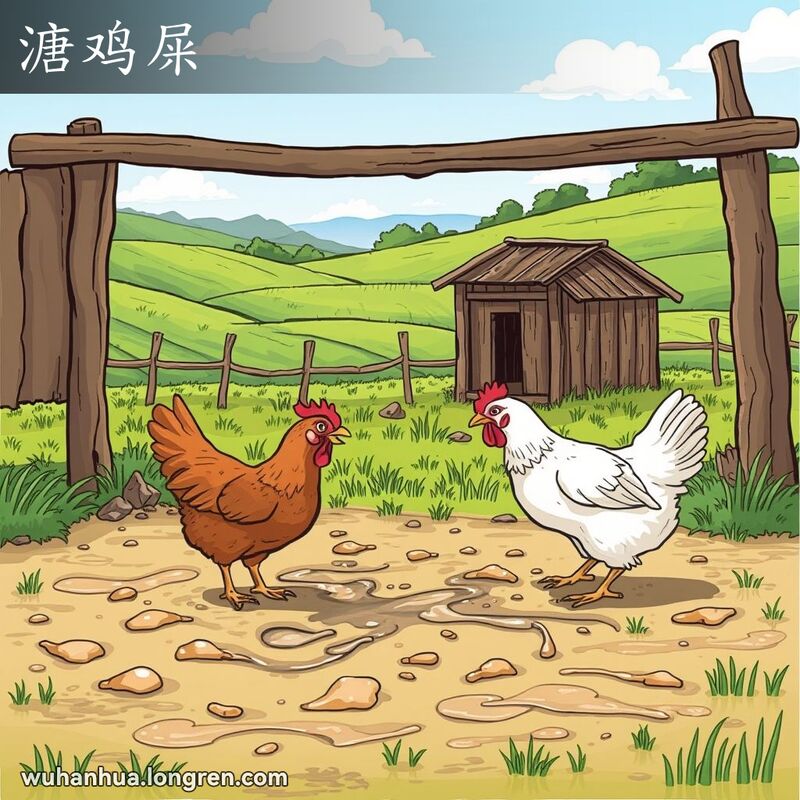 武汉乡村场景，鸡舍旁几只鸡在啄食，地面上散落着稀松的鸡粪，背景是绿色田野和蓝天。