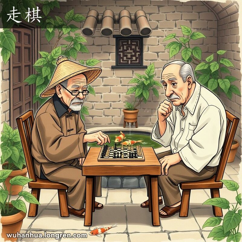 两位老人在武汉传统庭院中下象棋，背景有绿植、砖墙和鱼池
