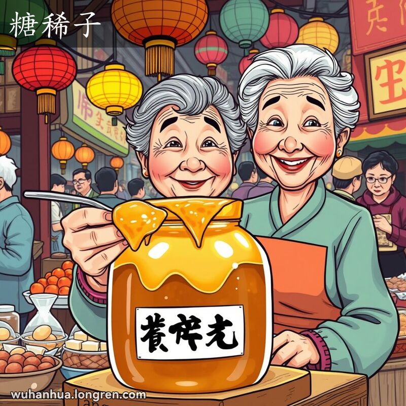 武汉街市摊位上，老妇人手持一勺麦芽糖，背景有灯笼和其他小吃摊位。