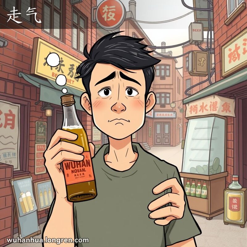 一位武汉男子站在街边小店前，手持一瓶失去气泡的啤酒，露出失望的表情，背景是武汉老街景