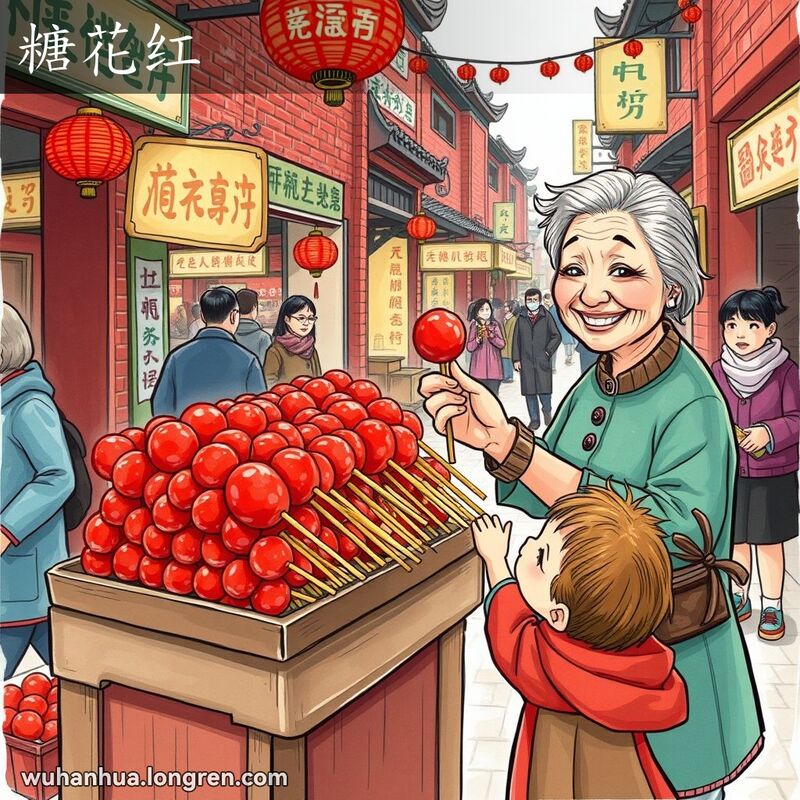 武汉街头市场，摊位上展示糖花红，摊主递给孩子，背景有其他摊位和行人