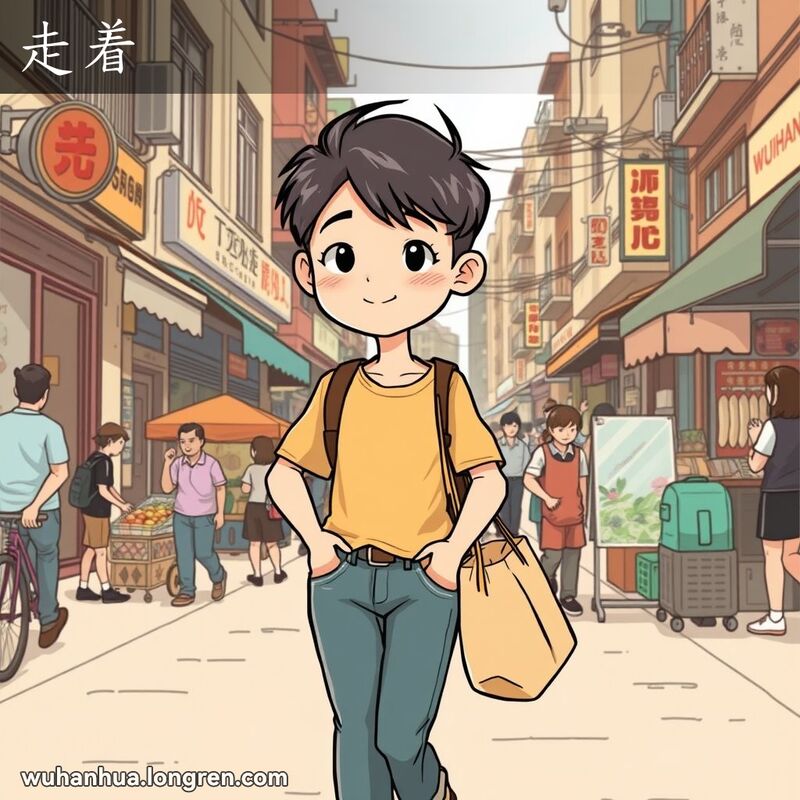 一位武汉年轻人悠闲地走在街道上，手提杂货，背景是武汉街景