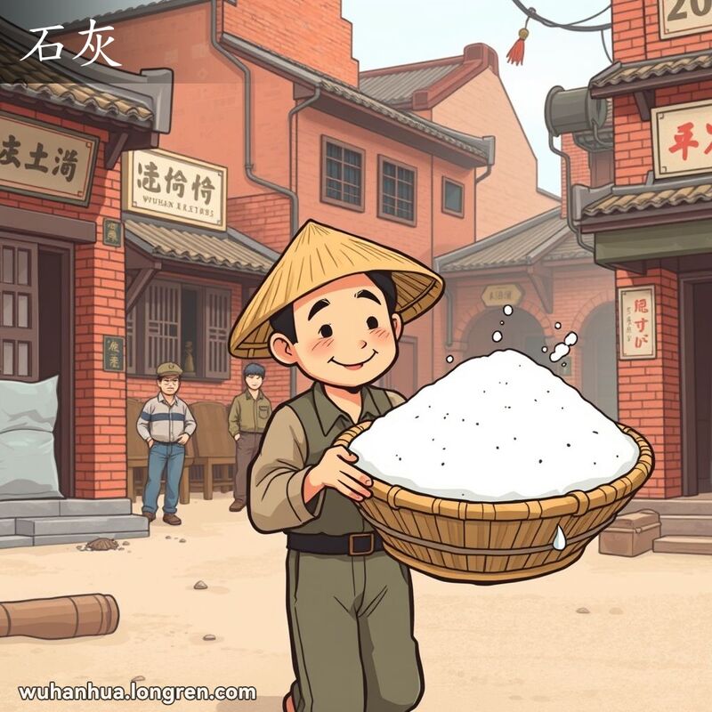 一位武汉工人挑着装满石灰的箩筐，背景是武汉老街景，有红砖墙和旧式招牌