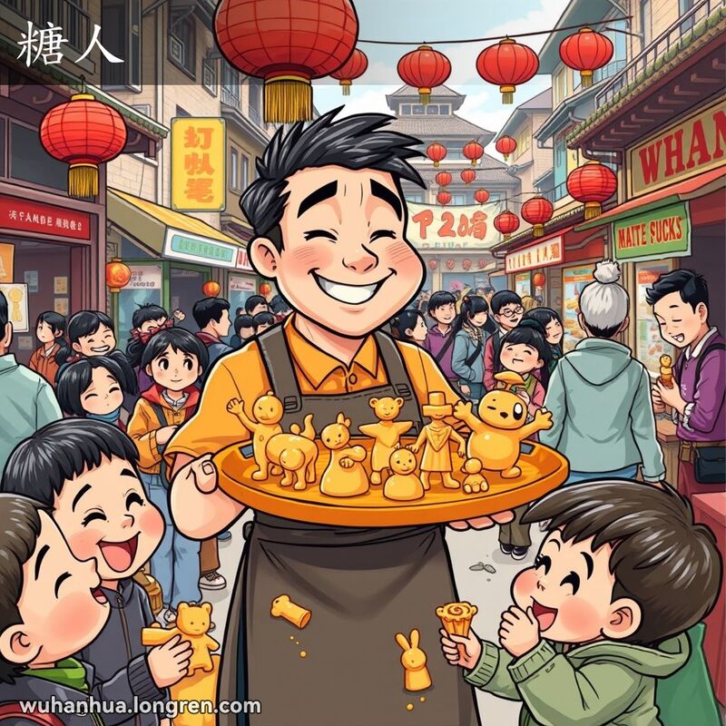武汉街头小贩展示制作糖人，孩子们围观并玩耍，背景是热闹的市场和老街景