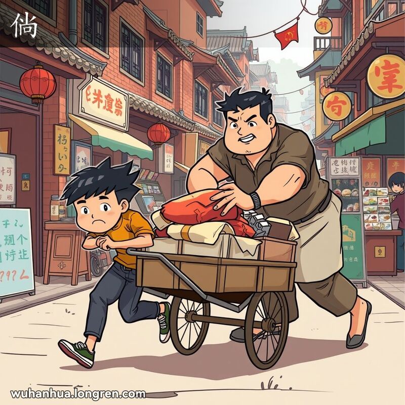 一位武汉市民推着沉重的货车，另一位强壮的人上前帮忙，背景是武汉老街景