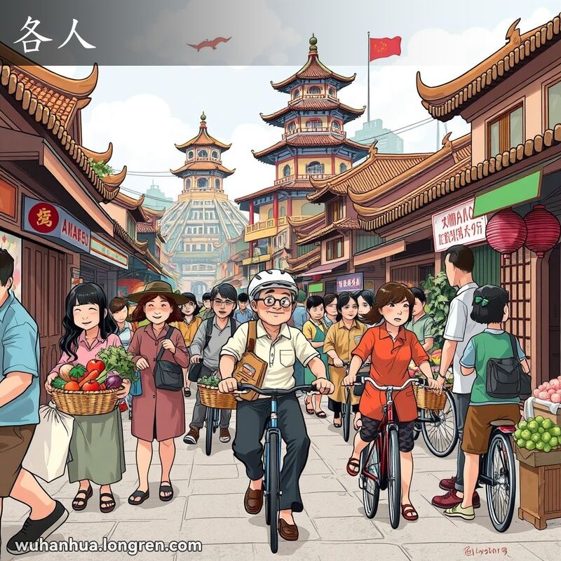 武汉街头，几位市民各自忙碌，背景有黄鹤楼和长江大桥